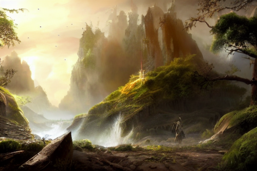 Trending splash art highly detailed bright mood mixed media concept art:0.5 intricate detailed wonderous landscape 4k volumetric lighting dramatic lighting award-winning:0.5 [text logo]