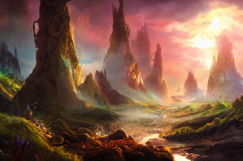 Trending splash art highly detailed bright mood mixed media concept art:0.5 intricate detailed wonderous landscape 4k volumetric lighting dramatic lighting award-winning:0.5 [text logo]