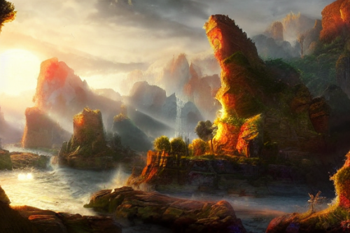 Trending splash art highly detailed bright mood mixed media concept art:0.5 intricate detailed wonderous landscape 4k volumetric lighting dramatic lighting award-winning:0.5 [text logo]