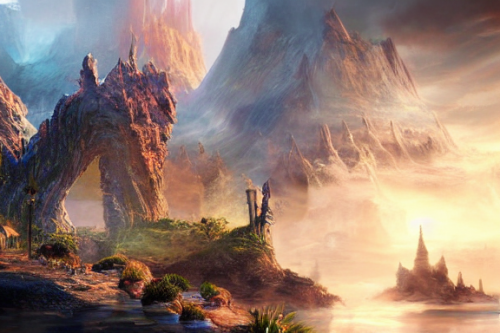 Trending splash art highly detailed bright mood mixed media concept art:0.5 intricate detailed wonderous landscape 4k volumetric lighting dramatic lighting award-winning:0.5 [text logo]