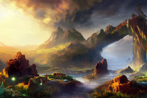 Trending splash art highly detailed bright mood mixed media concept art:0.5 intricate detailed wonderous landscape 4k volumetric lighting dramatic lighting award-winning:0.5 [text logo]