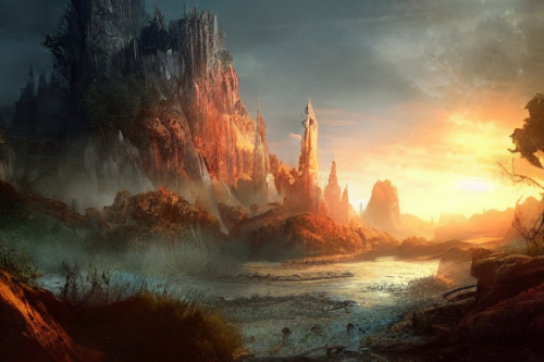 Trending splash art highly detailed bright mood mixed media concept art:0.5 intricate detailed wonderous landscape 4k volumetric lighting dramatic lighting award-winning:0.5 [text logo]