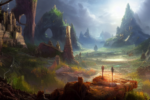 Trending splash art highly detailed bright mood mixed media concept art:0.5 intricate detailed wonderous landscape 4k volumetric lighting dramatic lighting award-winning:0.5 [text logo]