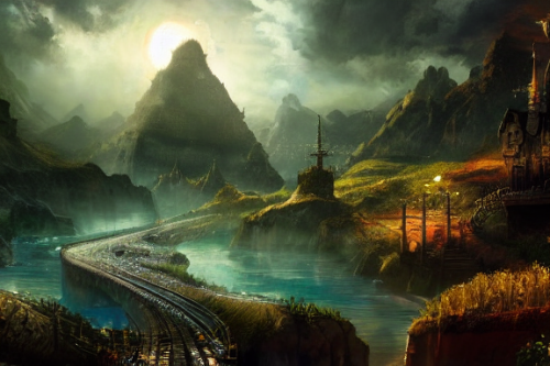 Trending splash art highly detailed bright mood mixed media concept art:0.5 intricate detailed wonderous landscape 4k volumetric lighting dramatic lighting award-winning:0.5 [text logo]