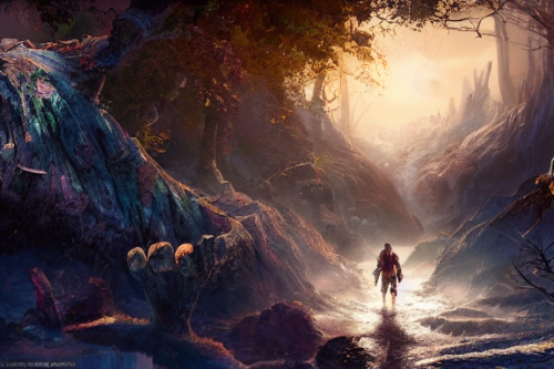 Trending splash art highly detailed bright mood mixed media concept art:0.5 intricate detailed wonderous landscape 4k volumetric lighting dramatic lighting award-winning:0.5 [text logo]